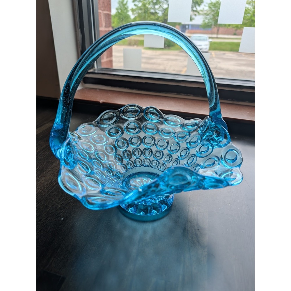 Vintage Viking Glass Yesteryear Bullseye Basket Bluenique MCM Ruffled Footed